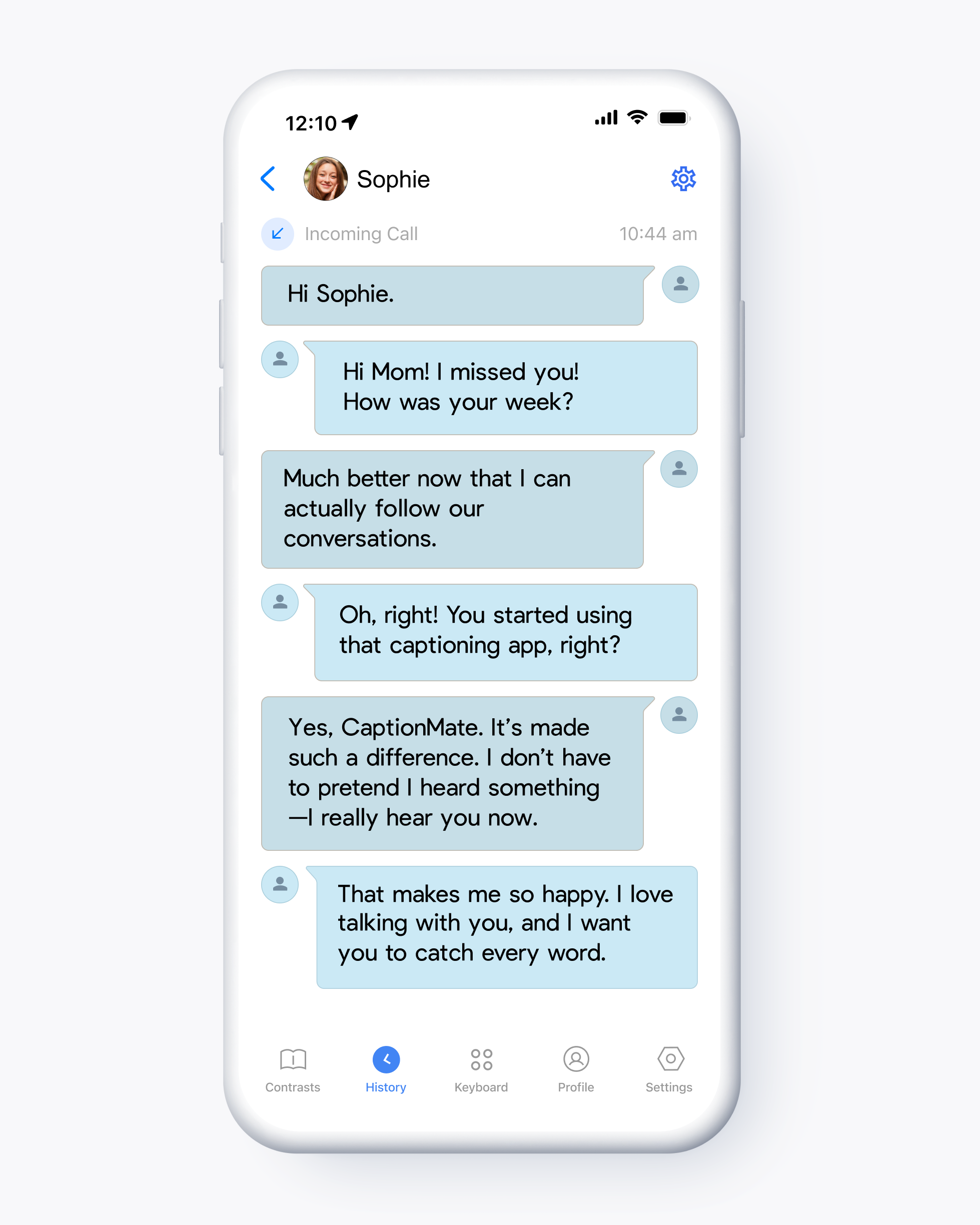 CaptionMate call history showing captioned conversation bubbles