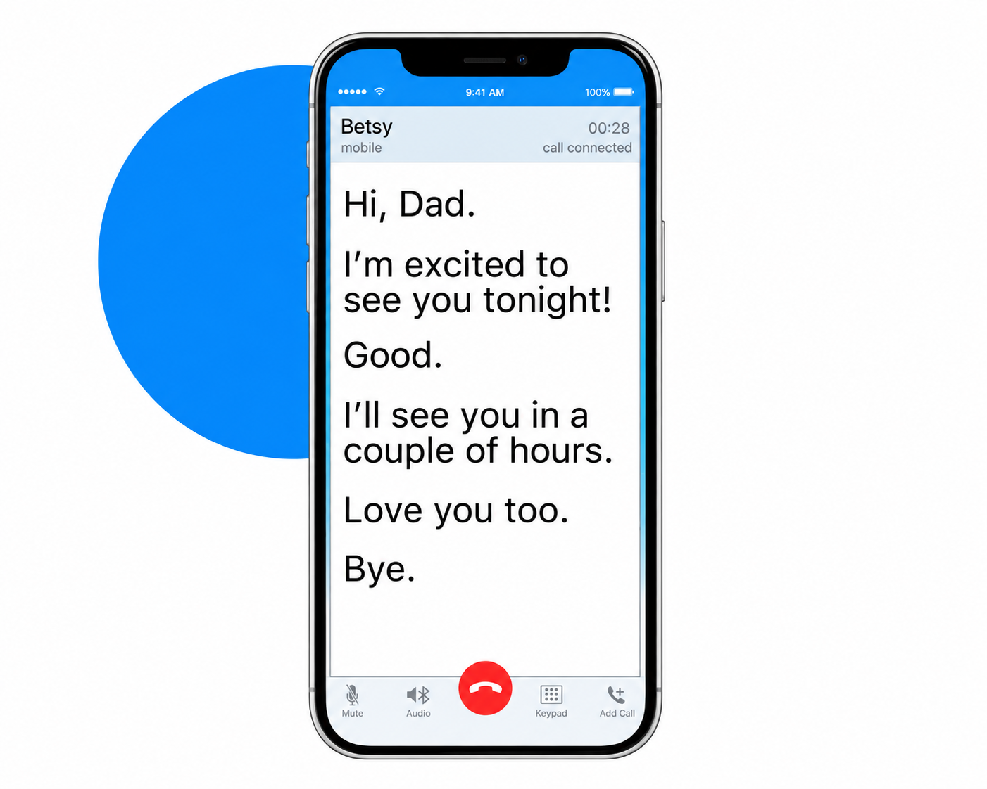 Live caption calling app displaying a transcribed conversation