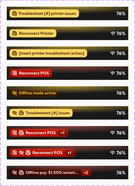 Handheld status bar explorations for printer issues, POS disconnection, and offline mode