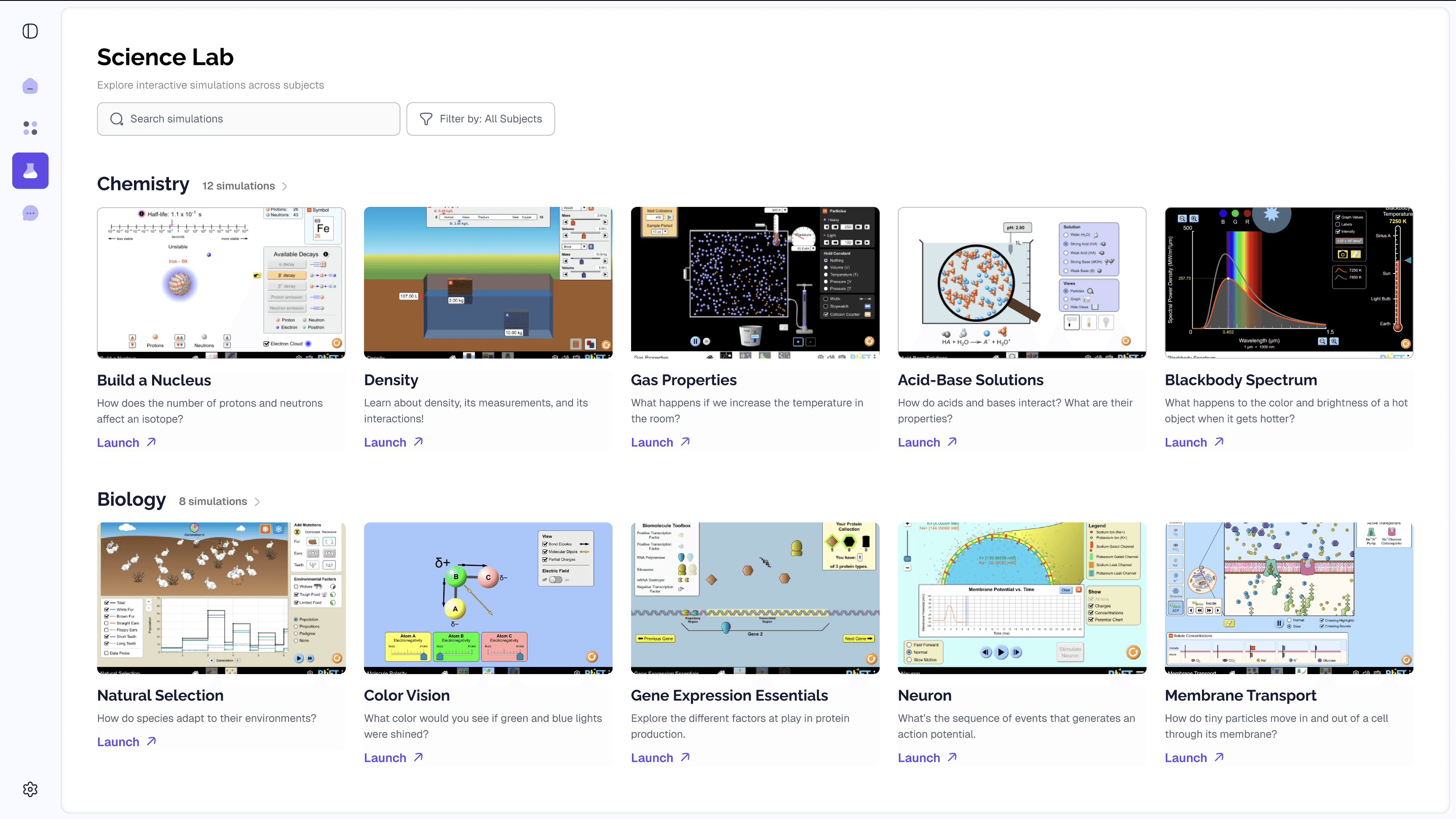 Nova Science Lab library of interactive PhET simulations